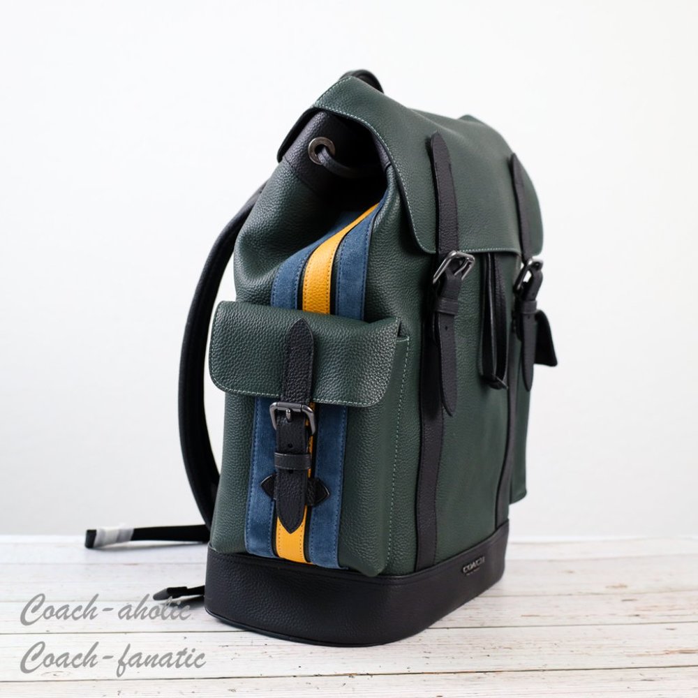 NWT Coach CB903 Hudson Backpack With Varsity Stripe in Amazon Green/Denim Multi - Picture 2 of 12